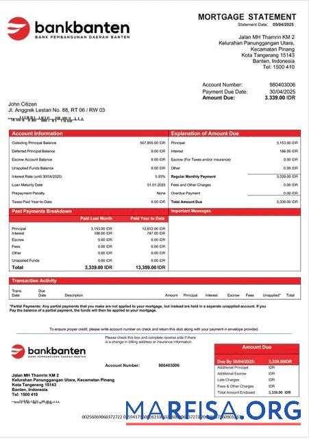 Printable Indonesia Bank Banten mortgage statement Word and PDF template